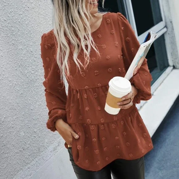 Classic Navy Blue Swiss Dot Ruffle Top Minimalist - Picture 9 of 12